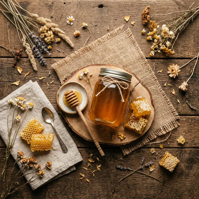 Honey, honeycomb, and wildflowers on rustic wood