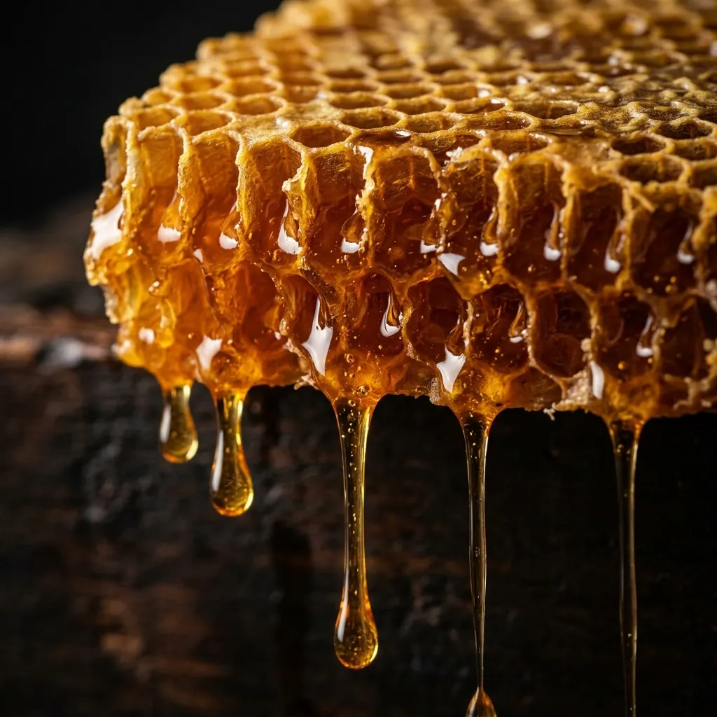 Golden honey dripping from honeycomb