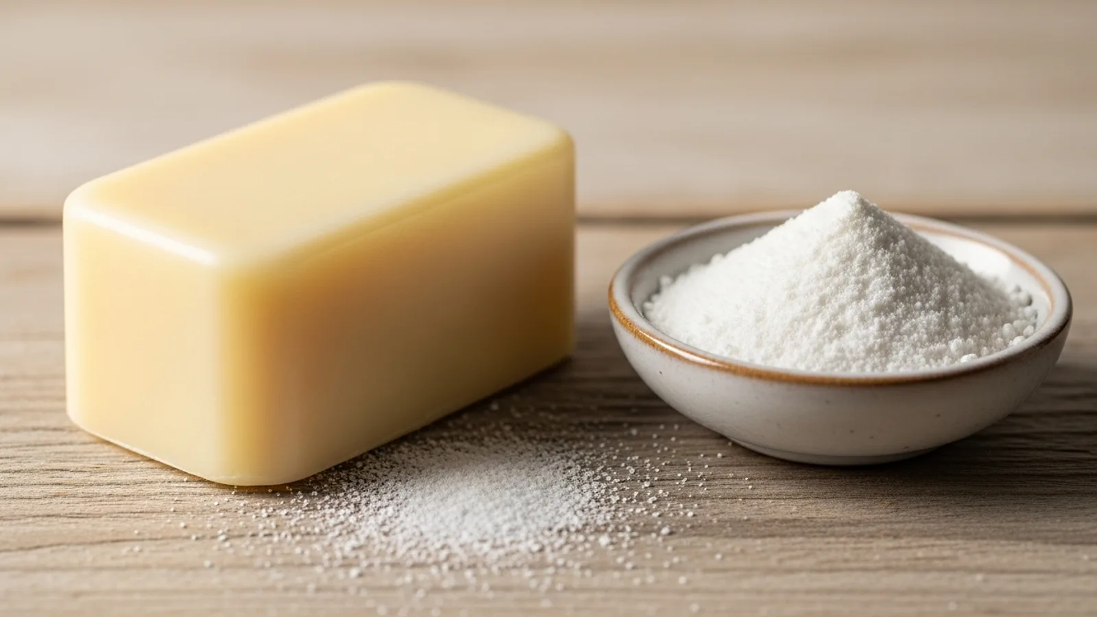 A beeswax lotion bar beside a dish of white arrowroot powder