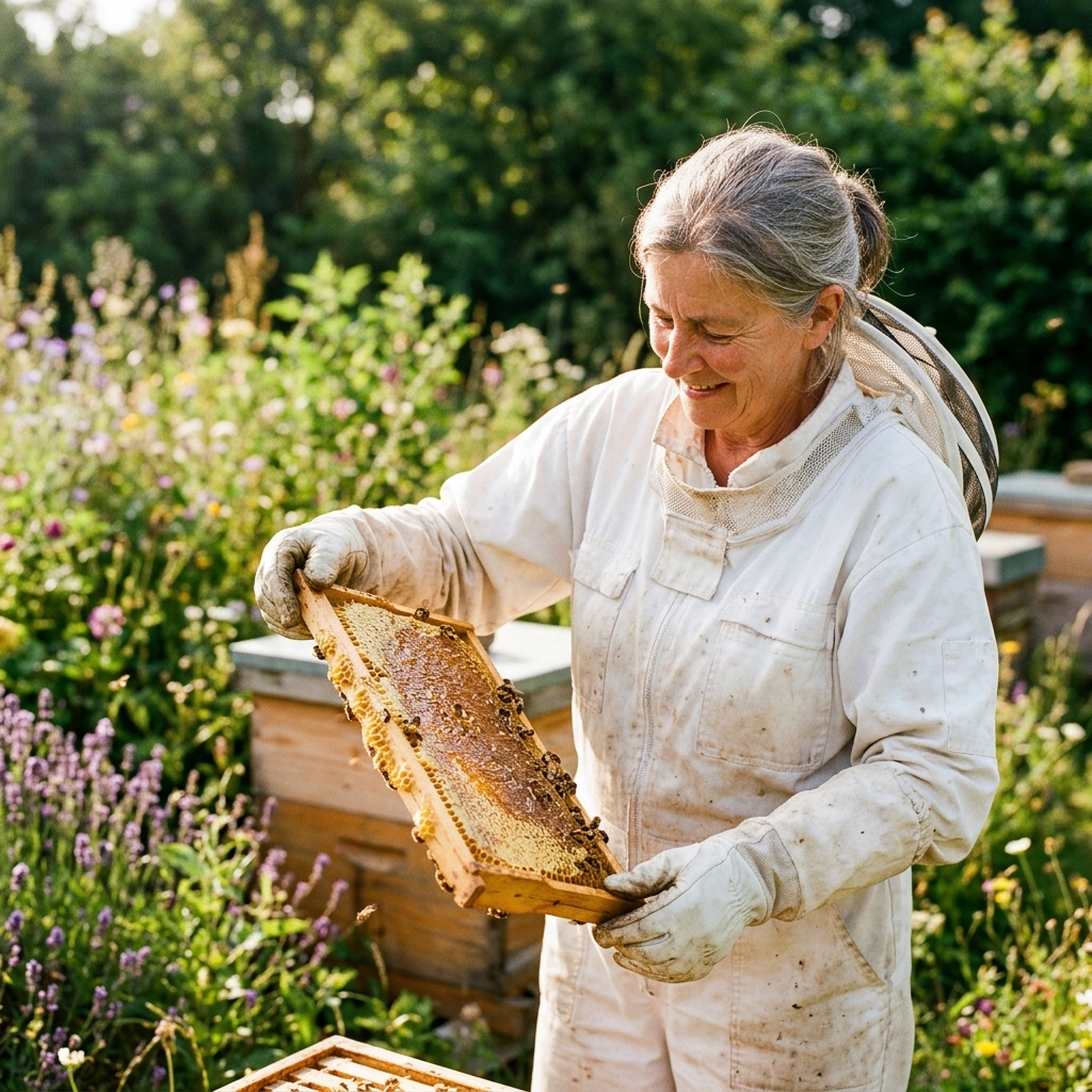 Beekeeper inspecting honeycomb frame