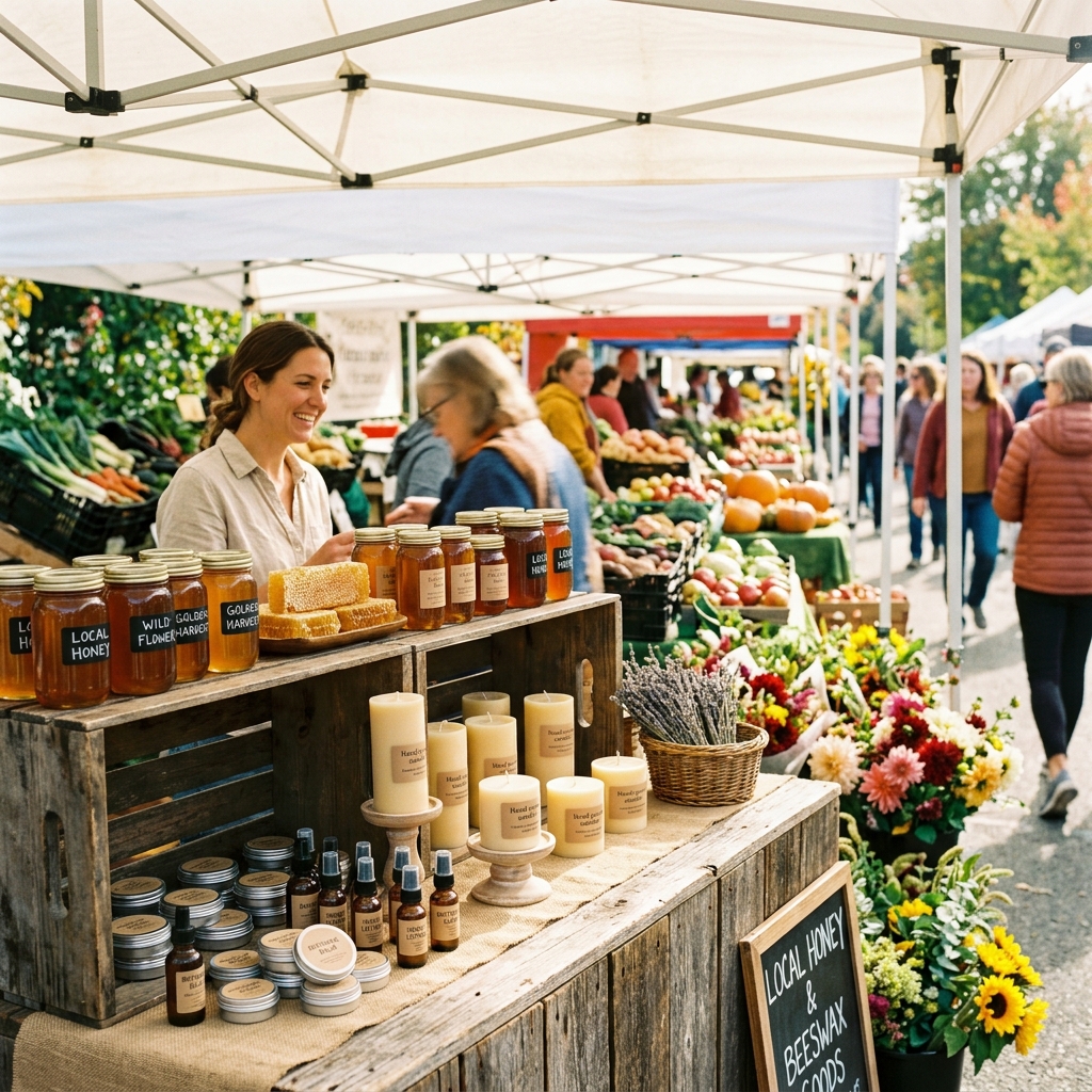 Farmers market booth with honey and skincare products