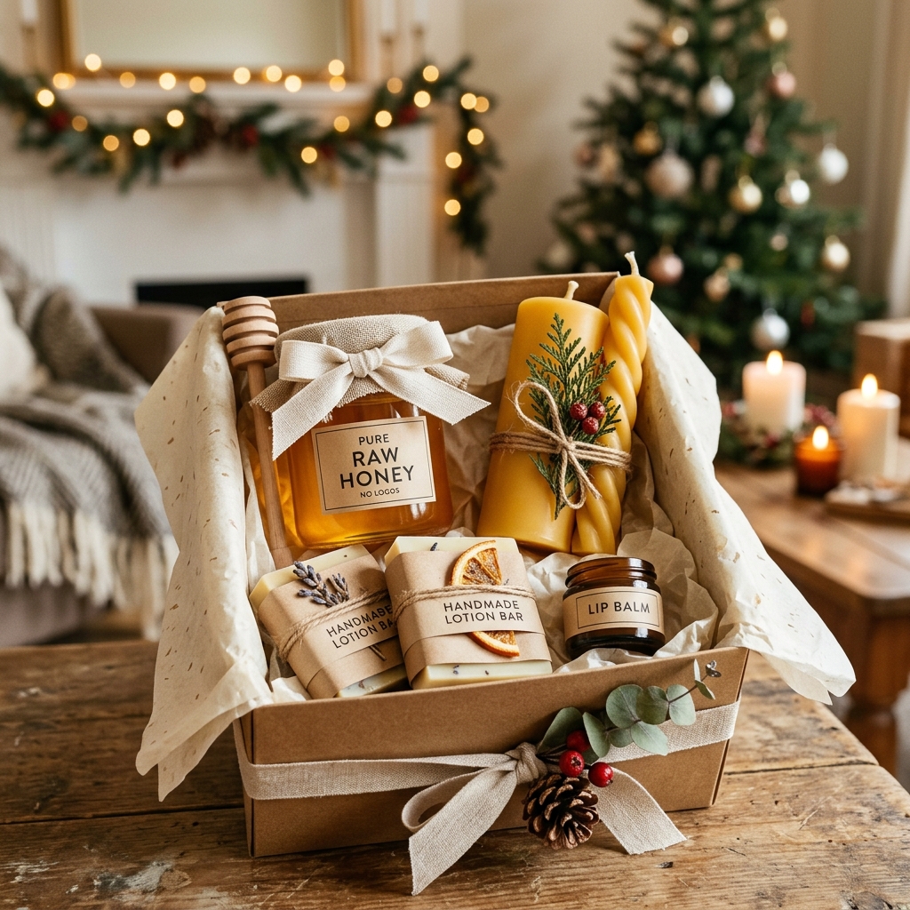 Gift box with honey, candles, and natural skincare products