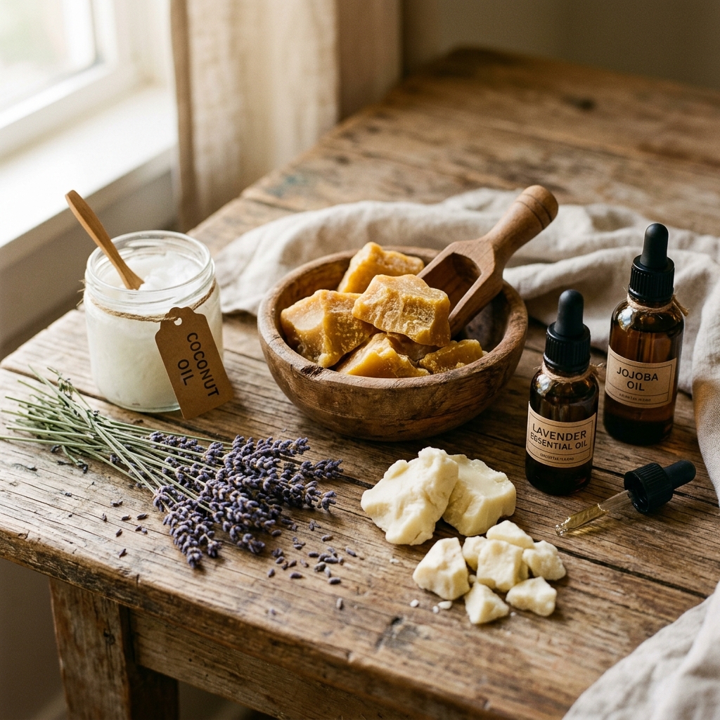 Natural skincare ingredients like beeswax, shea butter, and essential oils