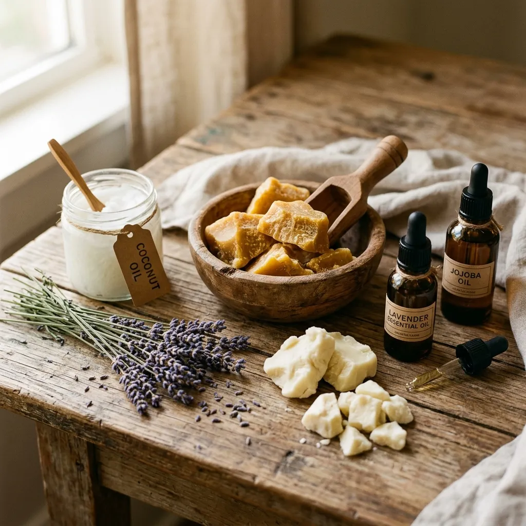 Natural skincare ingredients like beeswax, shea butter, and essential oils
