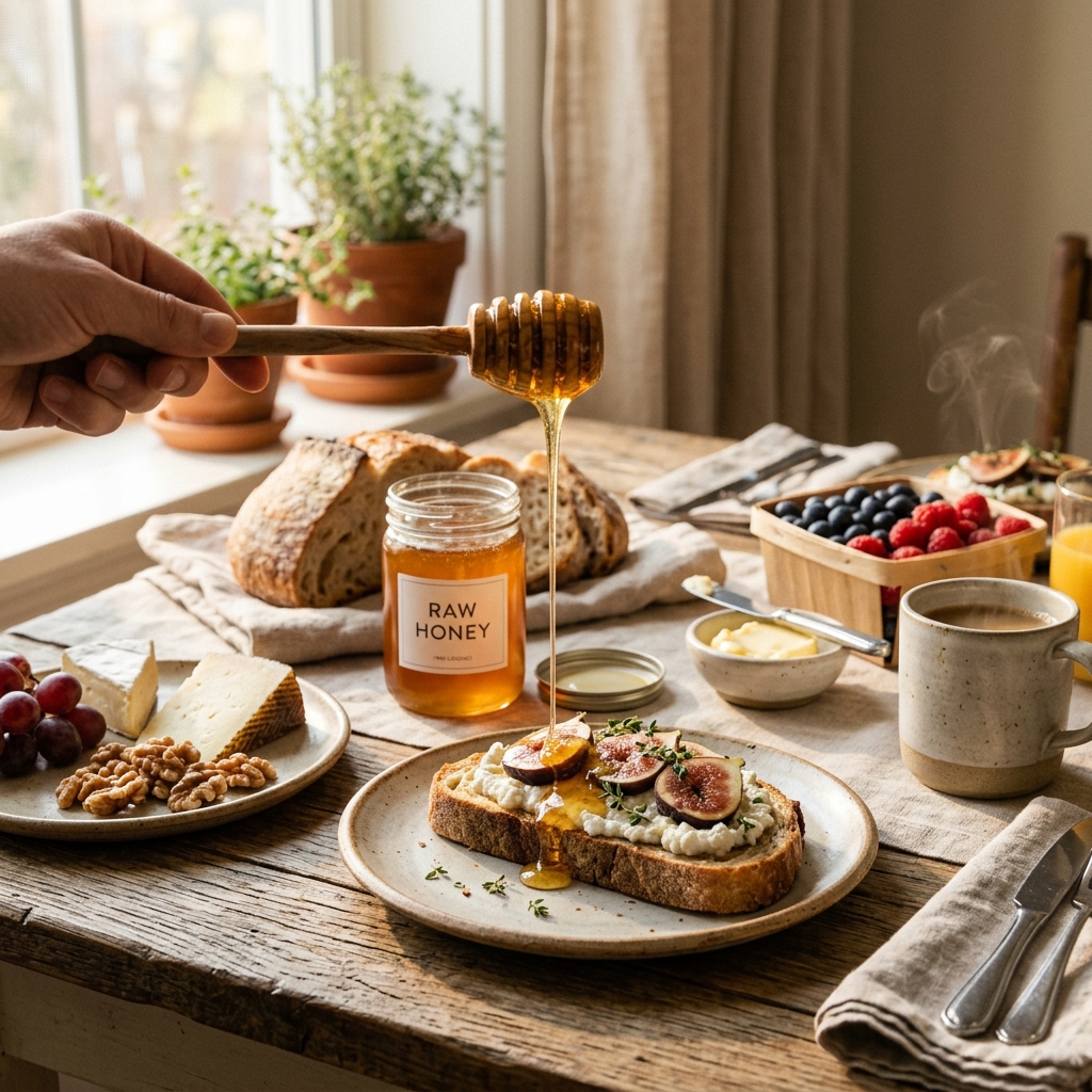 Golden honey drizzled over breakfast spread