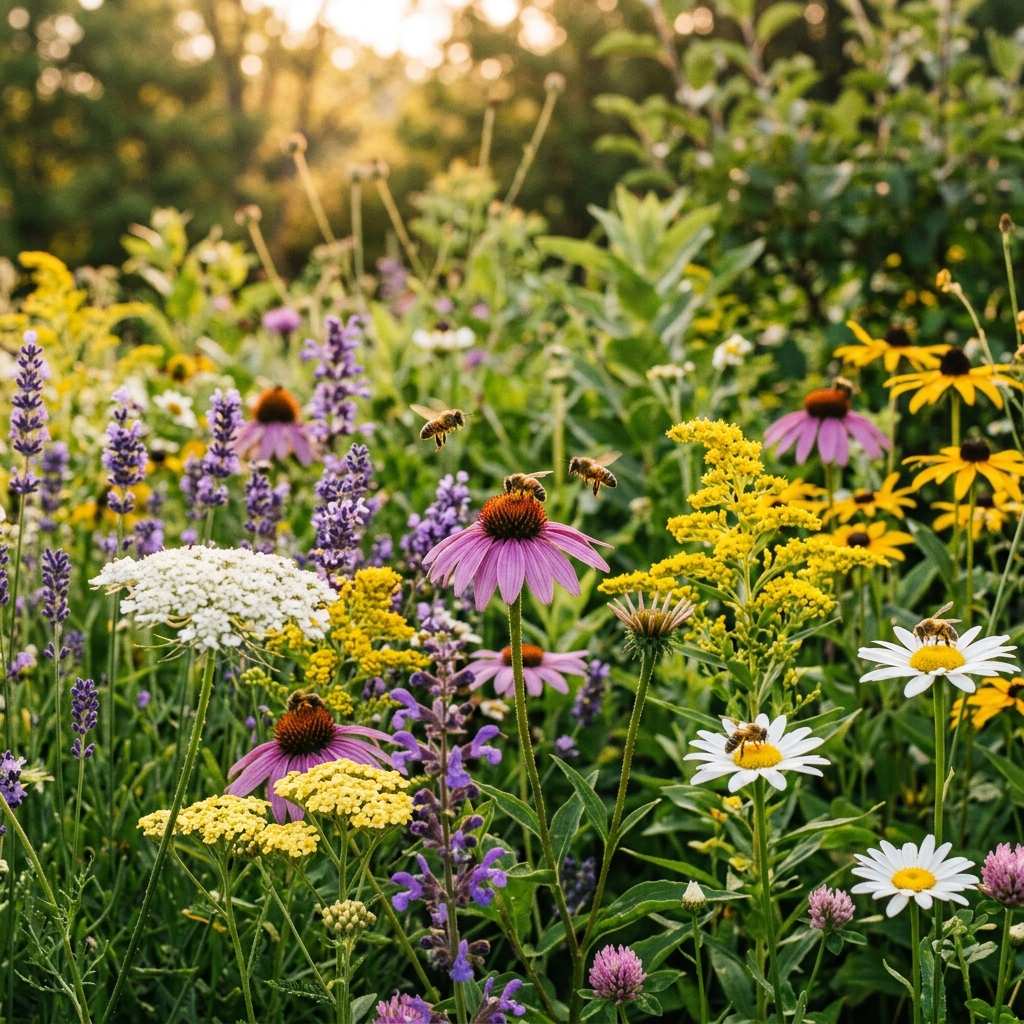 Pollinator garden with honeybees on wildflowers