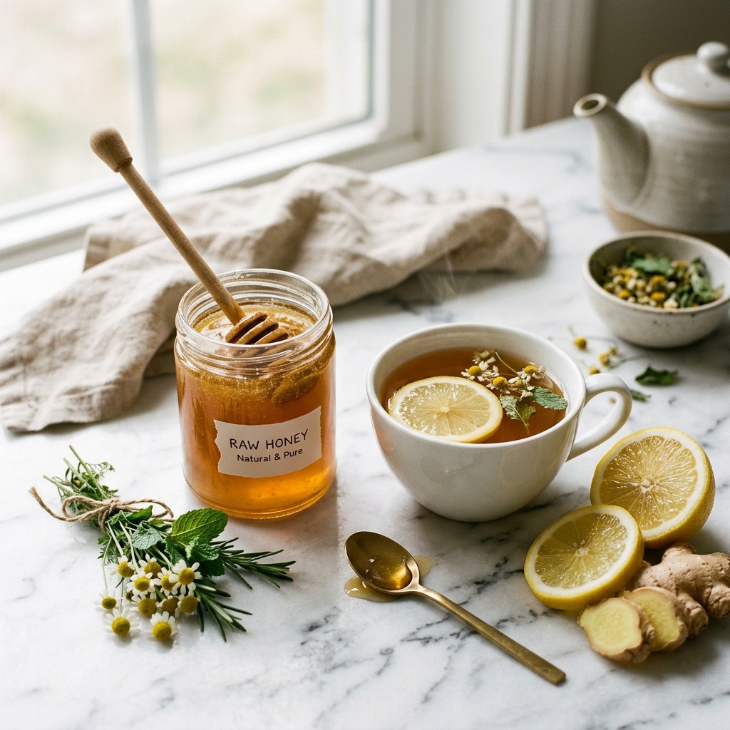 Raw honey jar with herbal tea and lemon