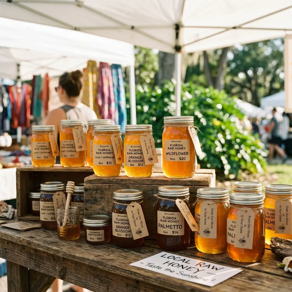 Jars of raw honey at a local farmers market