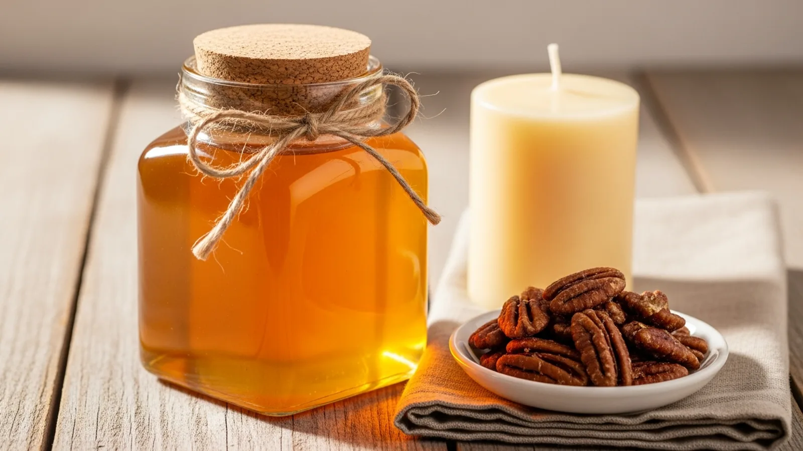 A glass jar of raw honey tied with twine beside pecans and a beeswax candle