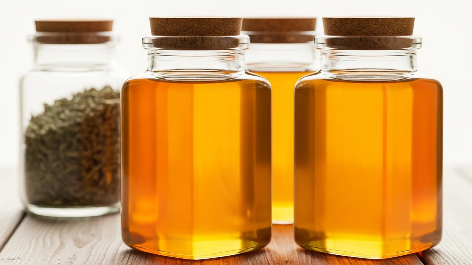 Cork-topped glass jars of golden raw honey backlit on wood