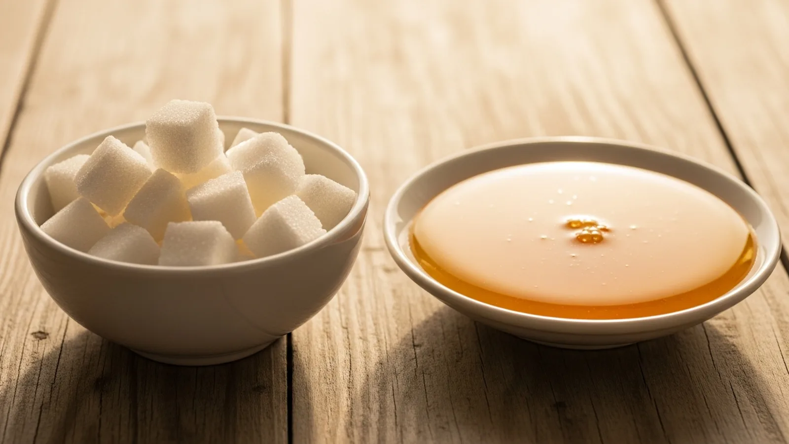 A bowl of white sugar cubes beside a shallow dish of golden honey