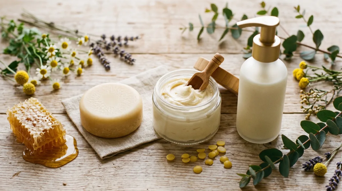 A beeswax lotion bar, a jar of body butter, and a bottle of lotion side by side