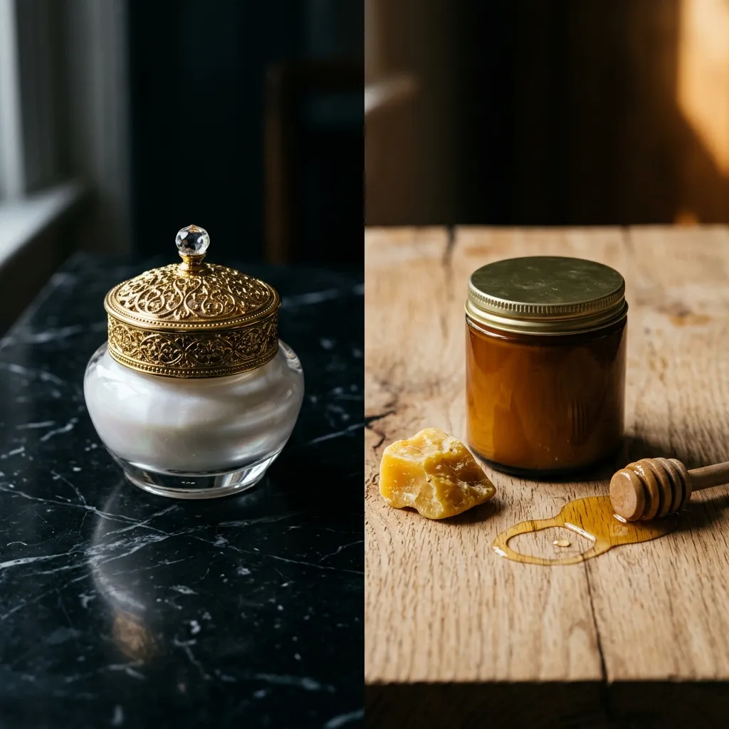 Luxury skincare jar contrasted with simple natural balm and beeswax