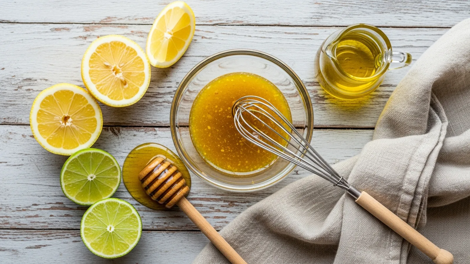 Raw honey and citrus vinaigrette being whisked in a glass bowl