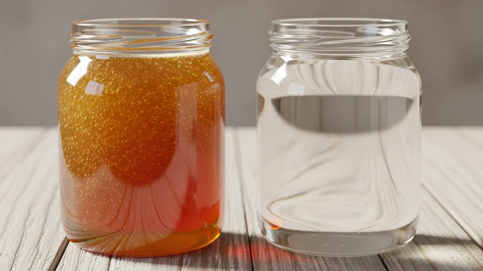 Two jars of honey side by side, one cloudy and raw, one clear
