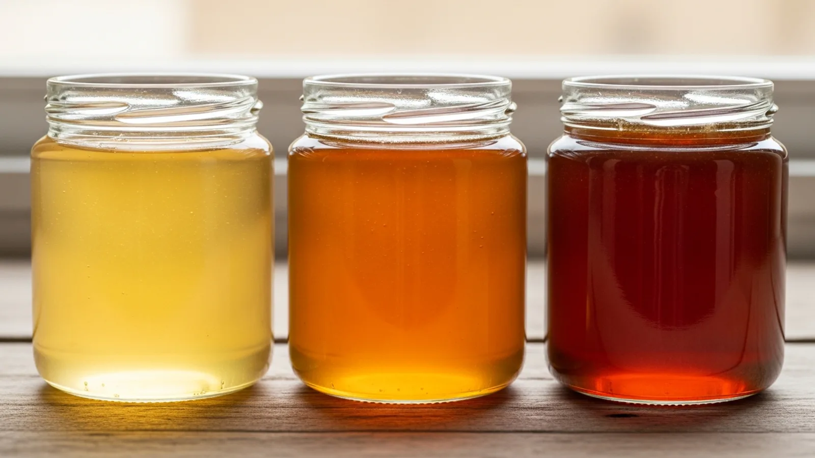 Three jars of honey in pale, amber and dark shades, backlit