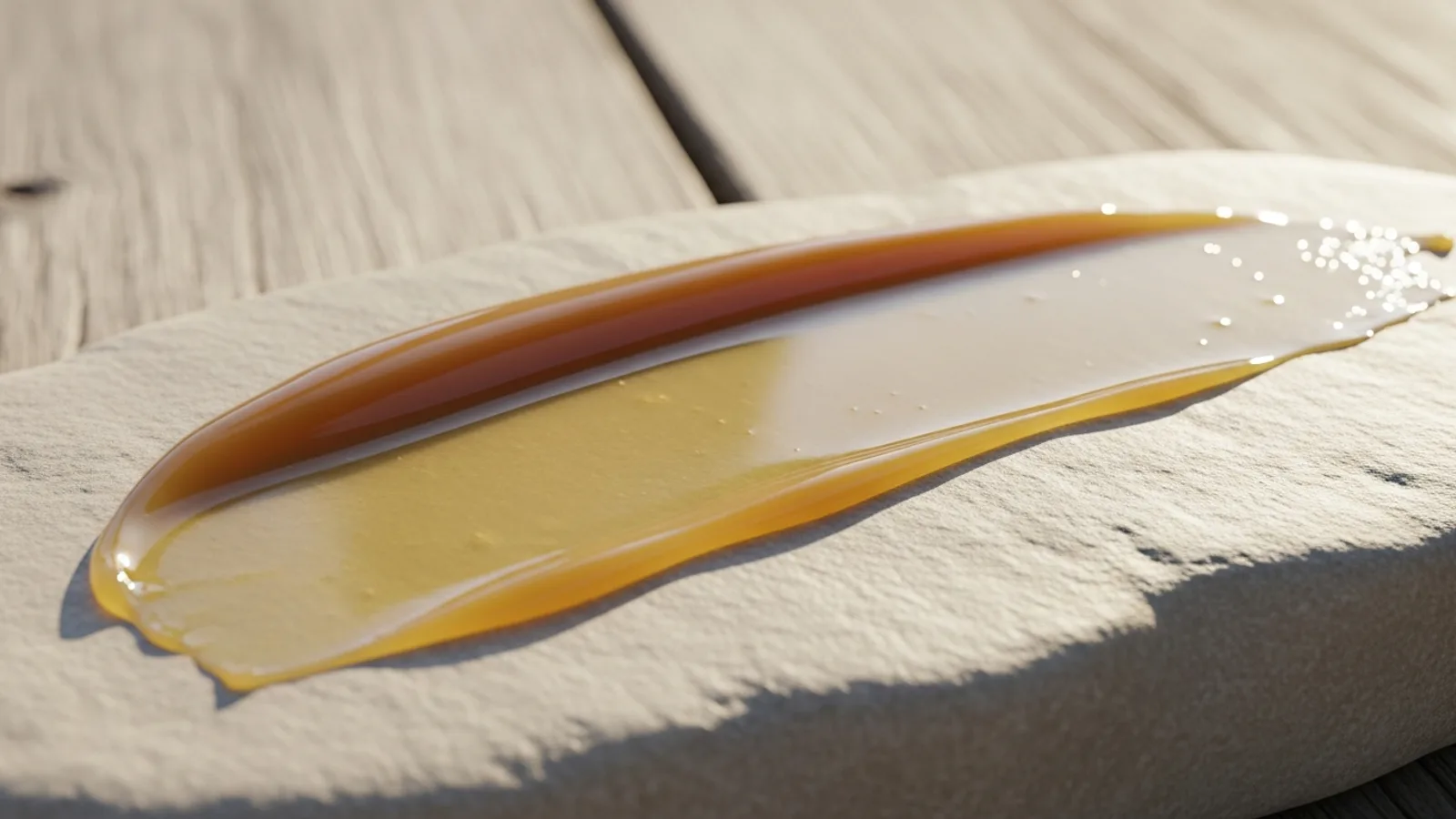 A thin glossy film of balm spread across pale stone in raking light