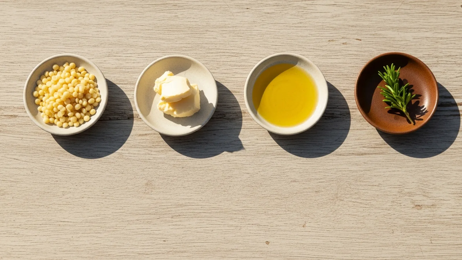Four small dishes each holding a single simple skincare ingredient