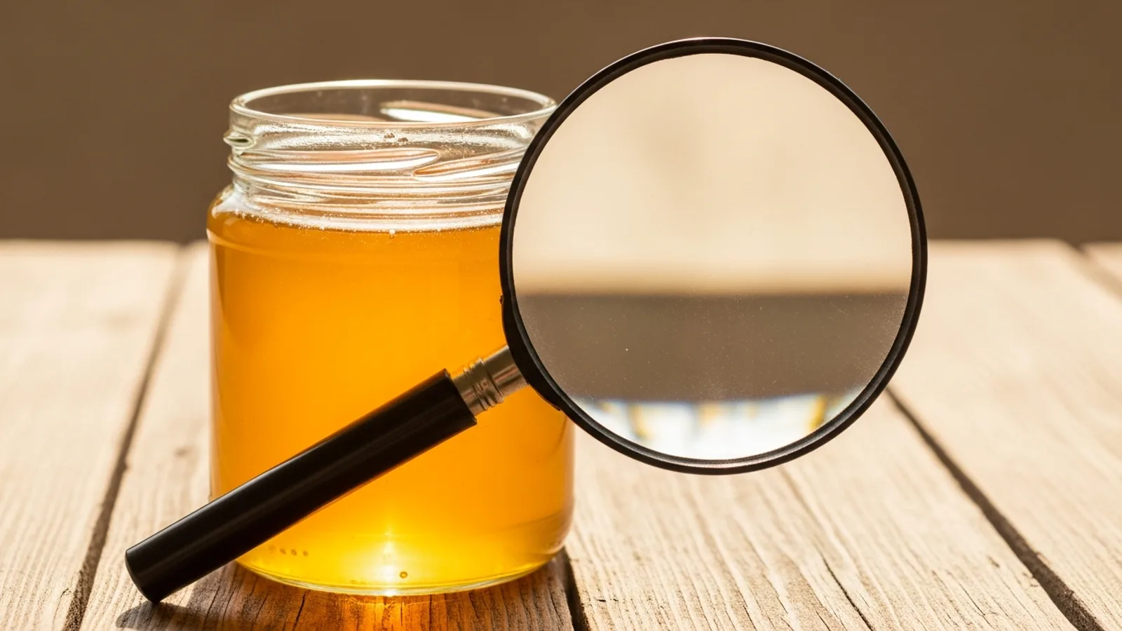 A plain jar of honey with a magnifying glass resting against it