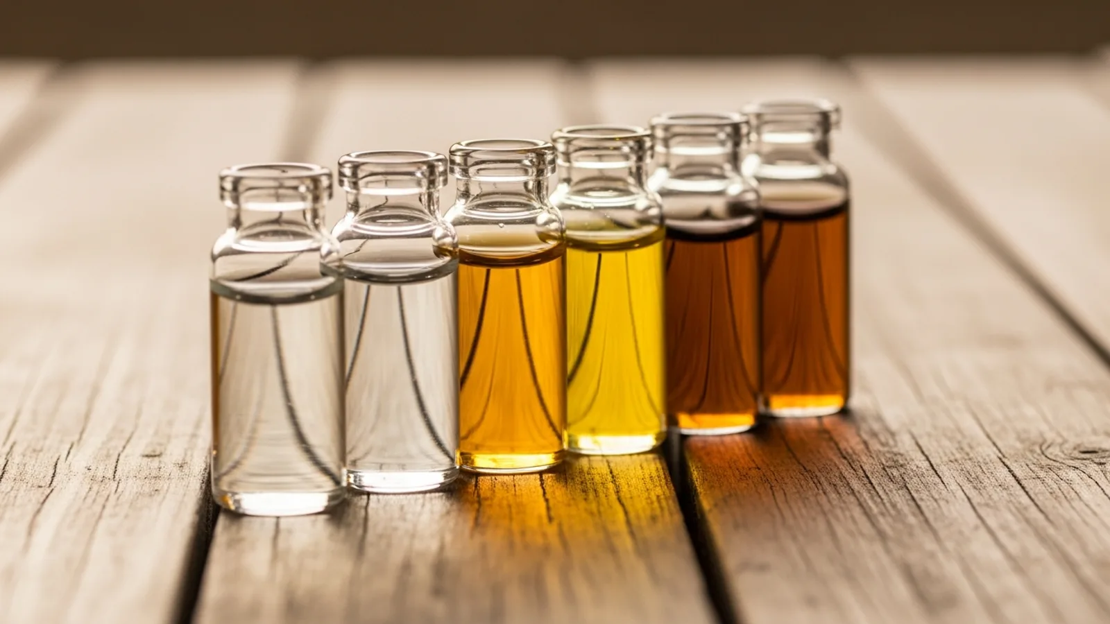 A row of glass vials of botanical oils in varying shades, backlit