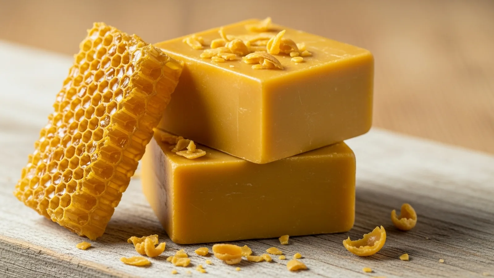 Blocks of solid golden beeswax with a fragment of honeycomb