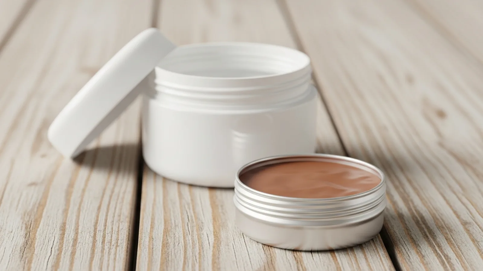 An empty white cosmetic jar behind a simple tin of natural balm