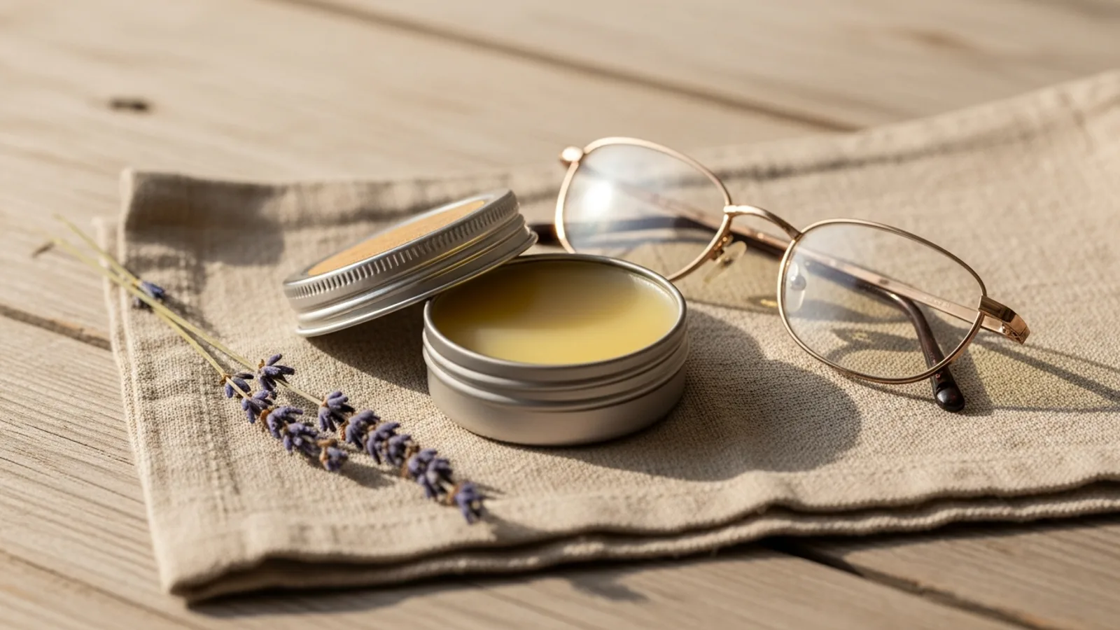 A tin of balm beside reading glasses and dried lavender on linen