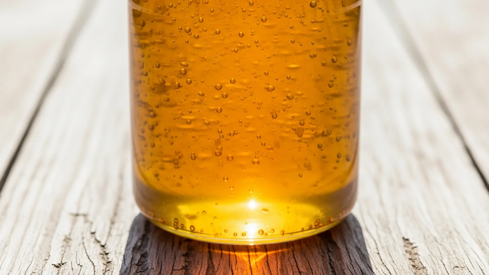 Unfiltered raw honey in a jar showing wax flecks and air bubbles