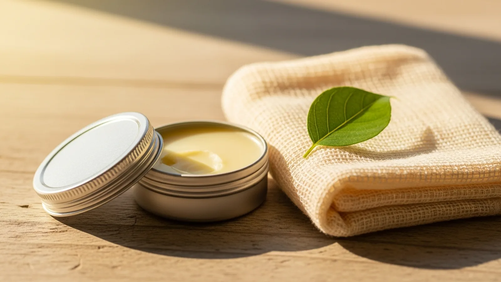 An open tin of facial balm with a muslin cloth and a green leaf