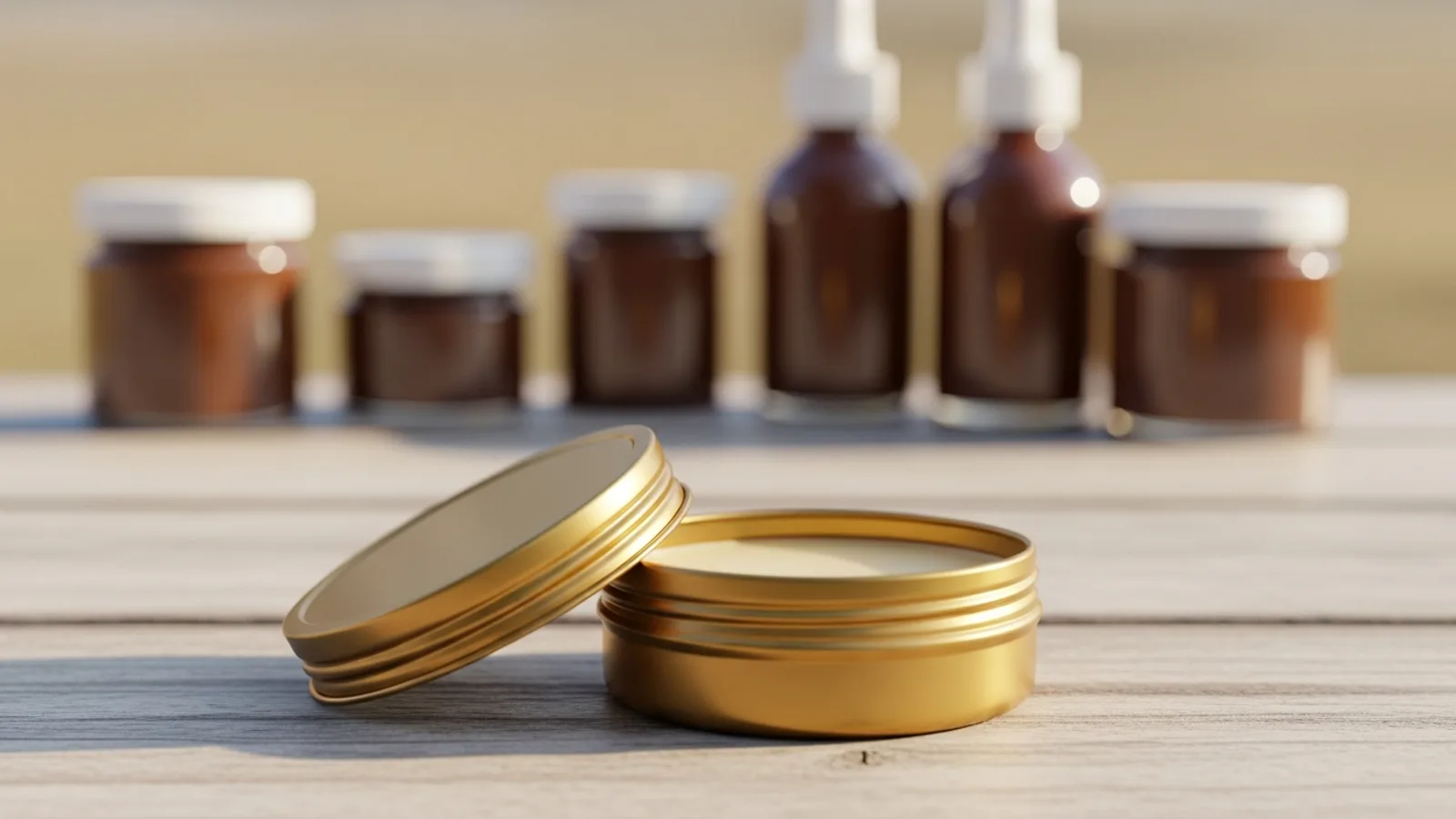 A closed tin of balm set apart from other jars and bottles