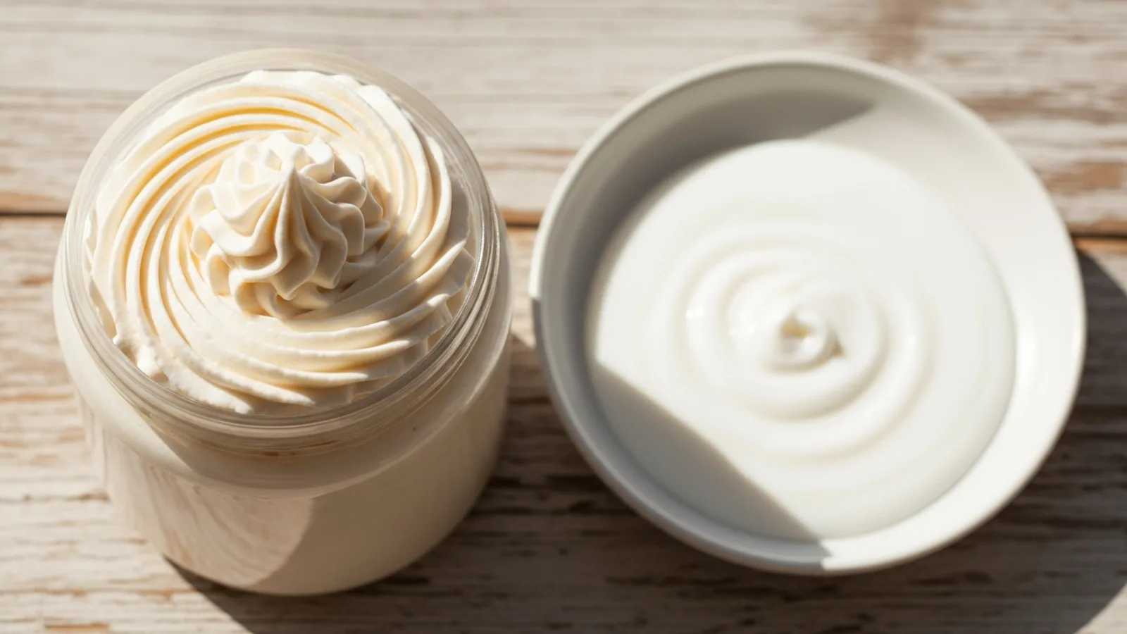 Thick whipped body butter beside a dish of thin pourable cream