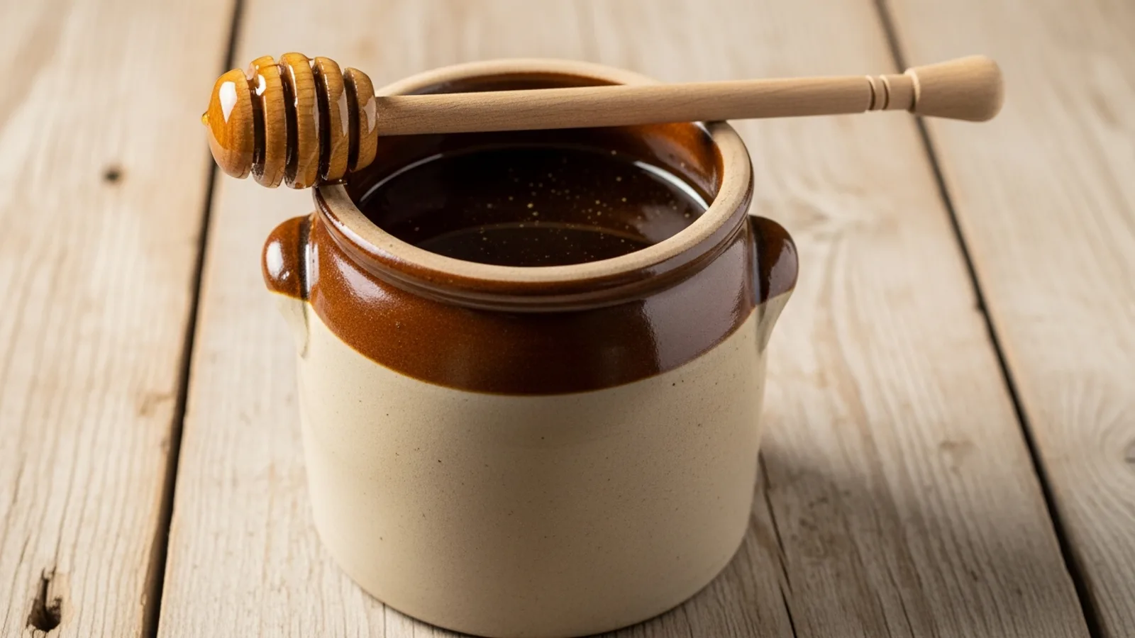 An aged stoneware crock of honey with a worn wooden dipper