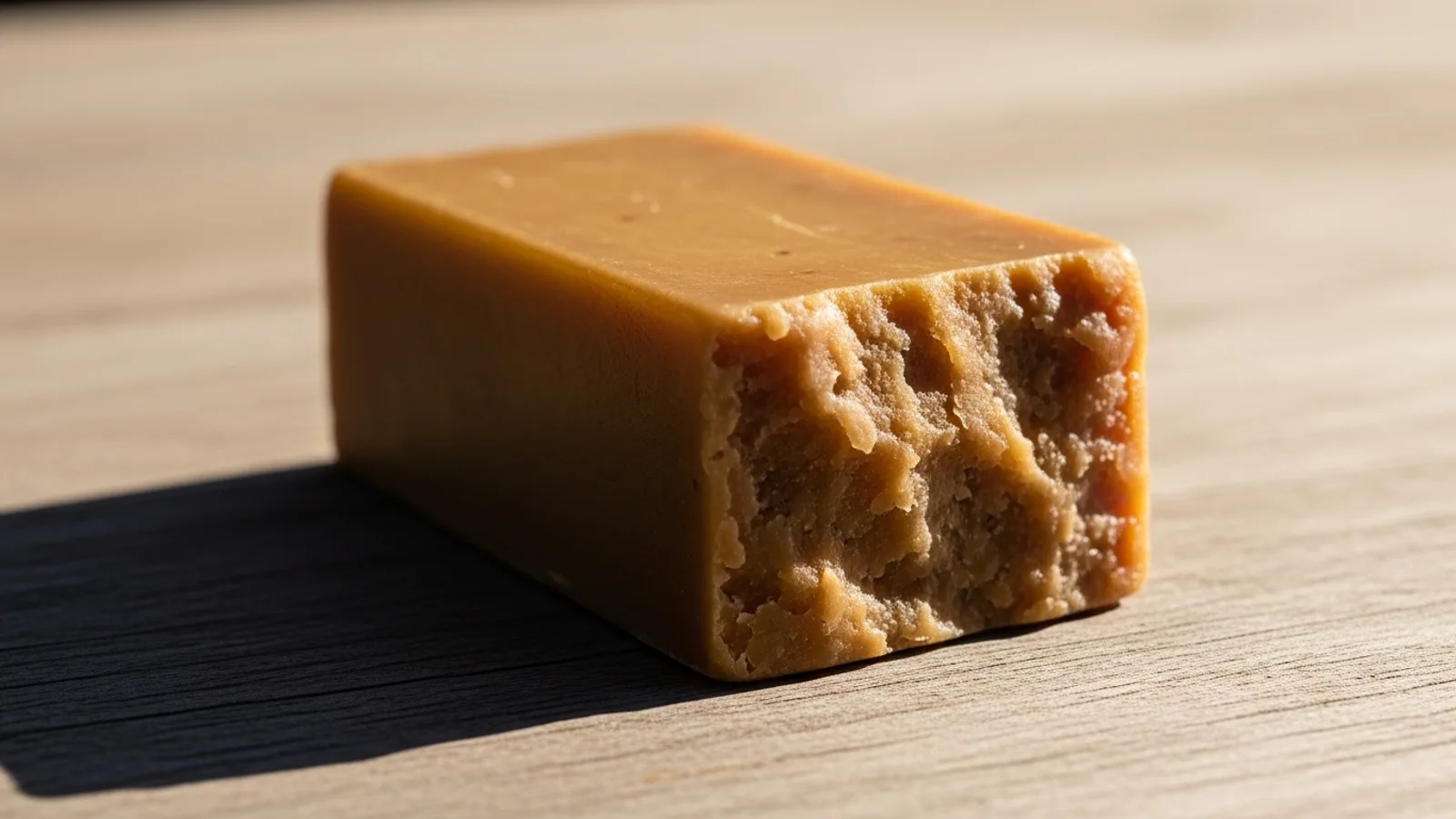 A dense solid balm bar lit from a low angle casting a strong shadow