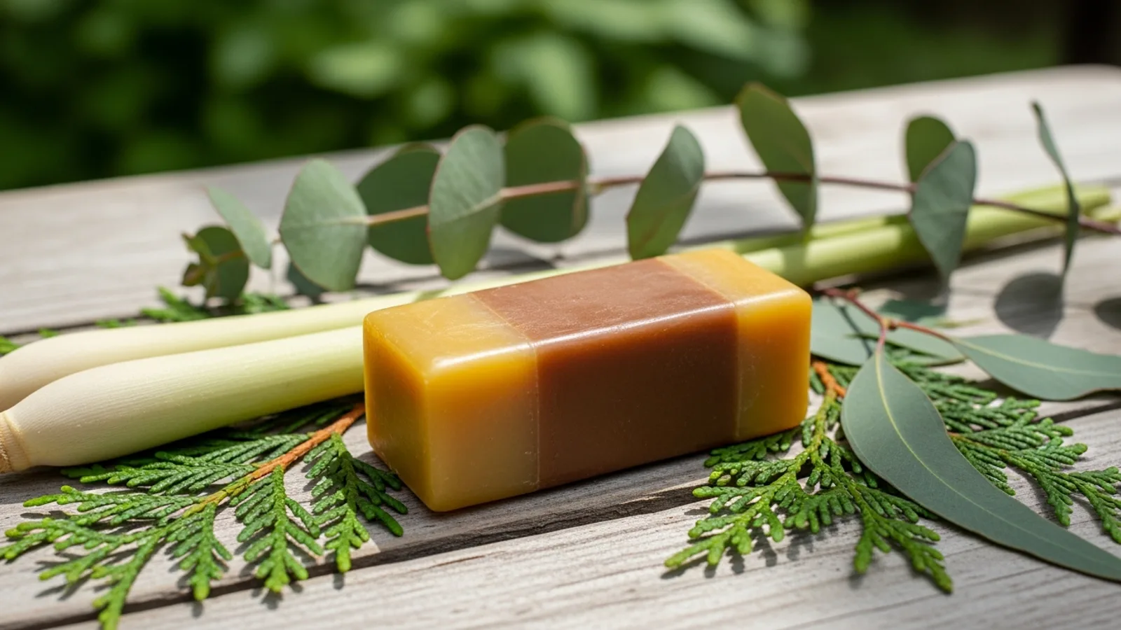 A balm bar surrounded by lemongrass, cedar and eucalyptus
