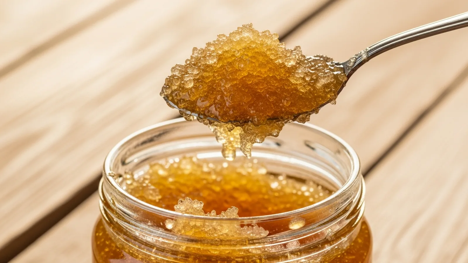A spoonful of coarsely crystallised honey lifted from a jar