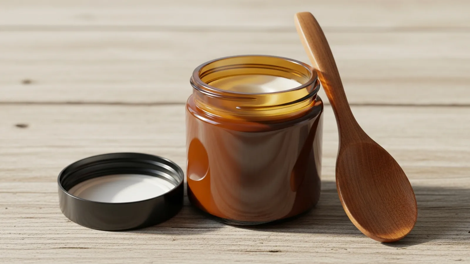 A plain amber glass jar of balm with a well-used wooden spoon