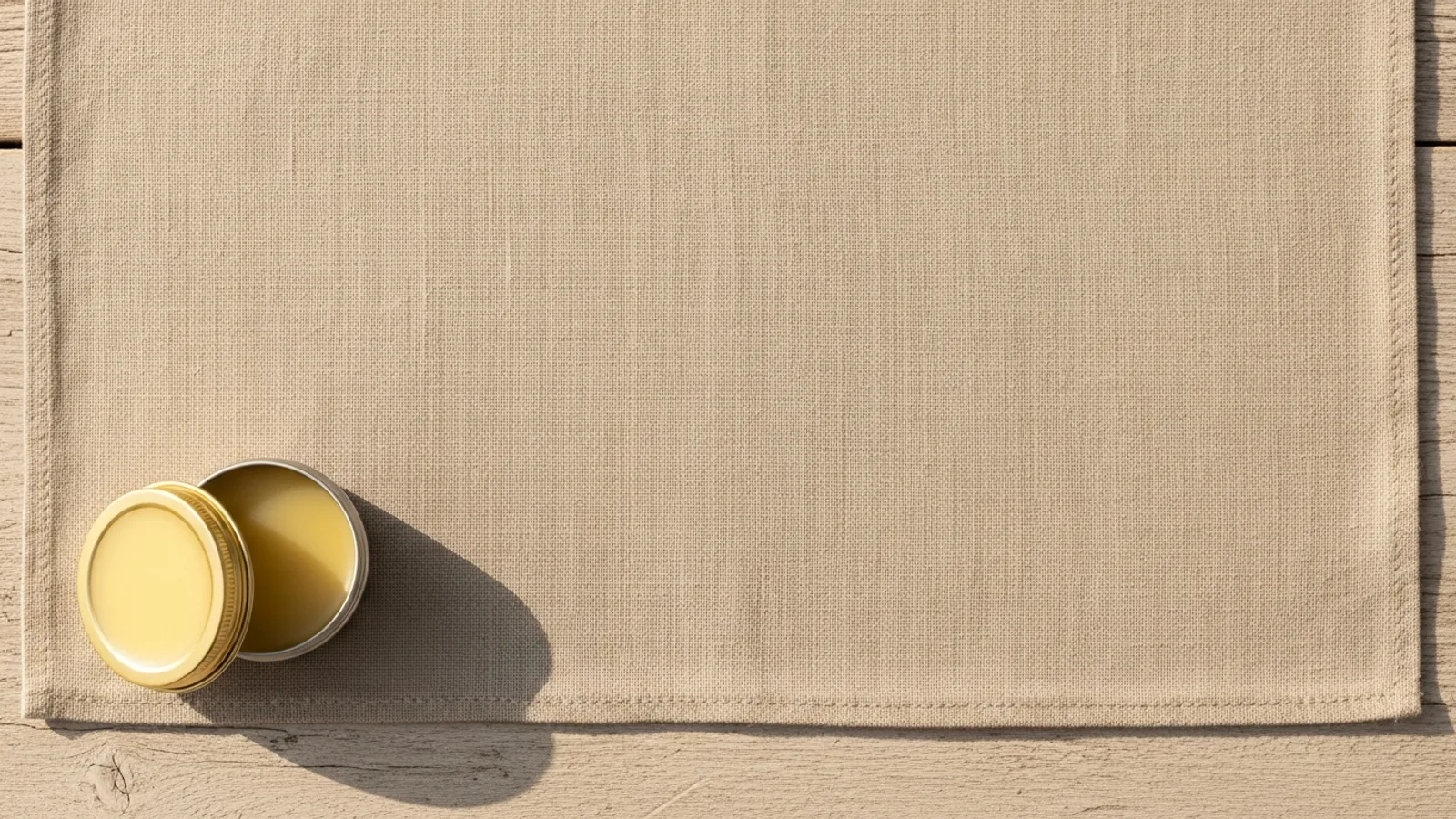 A single tin of balm alone on a wide expanse of linen