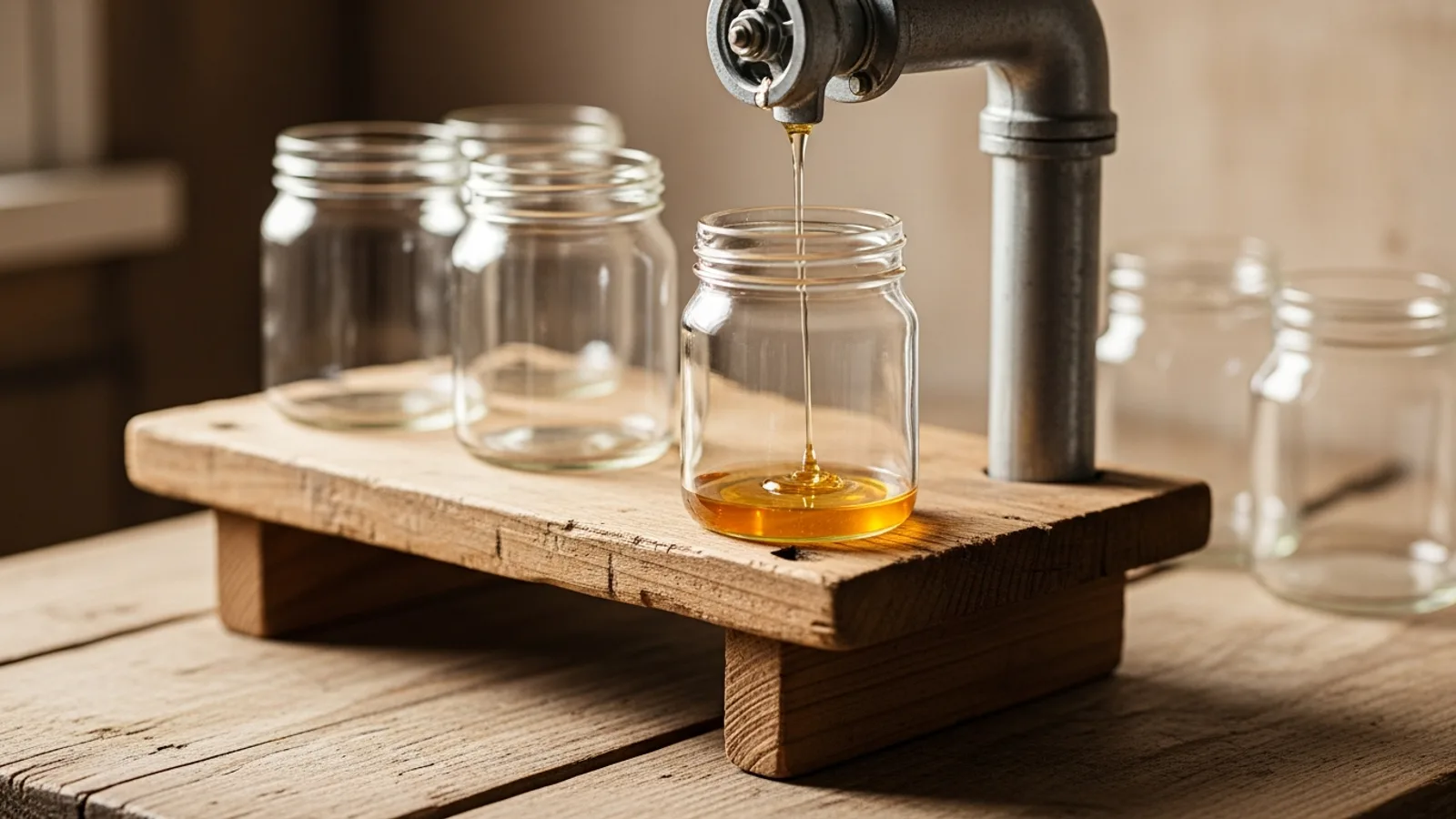 Glass jars being filled from a honey valve on a small workbench
