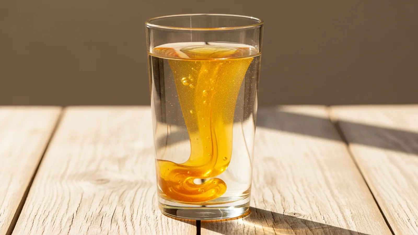 Honey sinking through a glass of water in the classic purity test