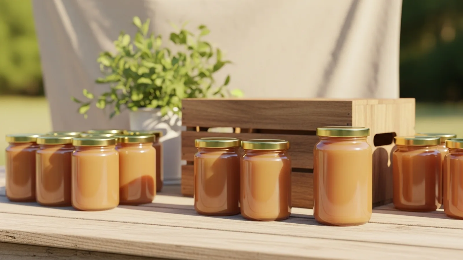 Jars of honey on a rustic farmers market table in warm daylight
