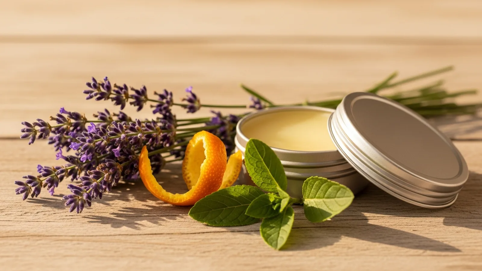 Fresh lavender, orange peel and herbs beside an open tin of balm