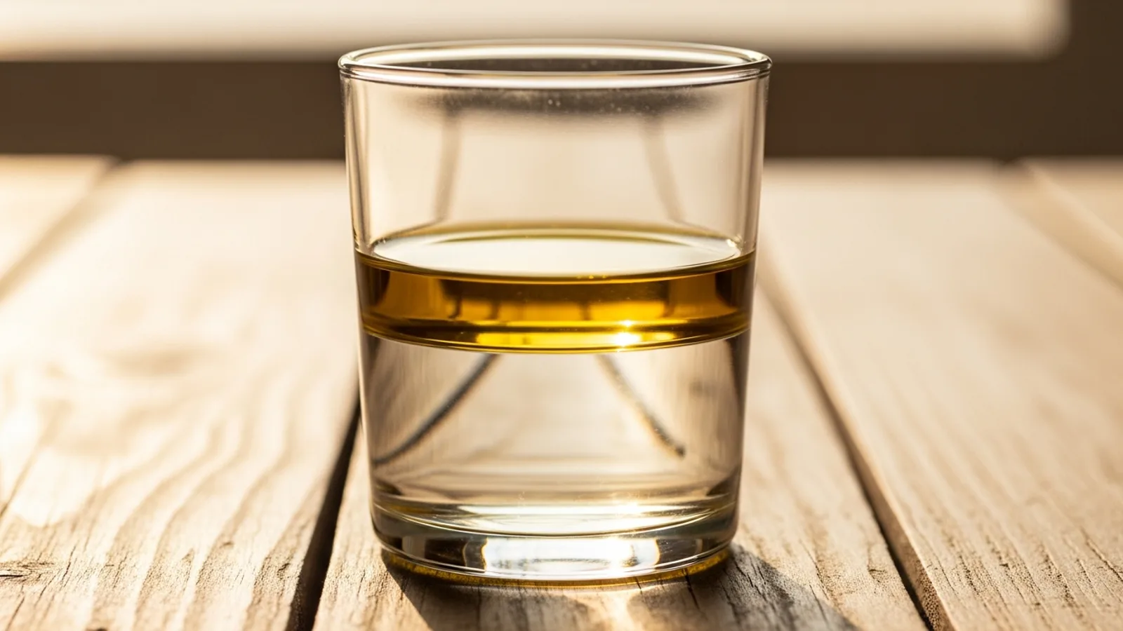 Oil and water separated into two layers in a clear glass