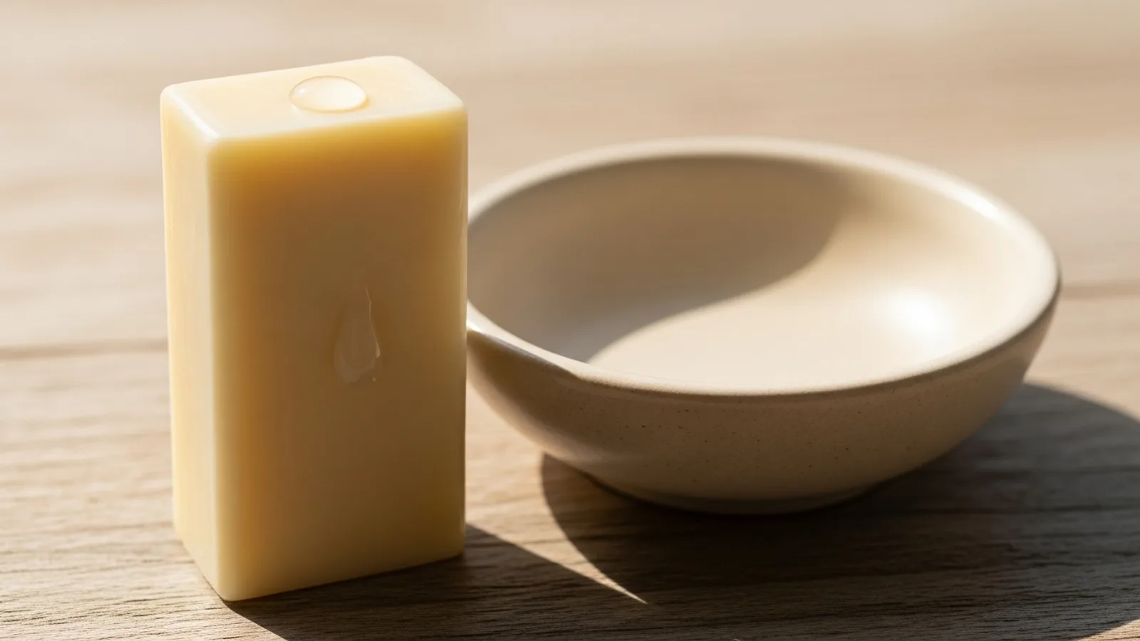 A solid balm bar with a water droplet beading on its surface