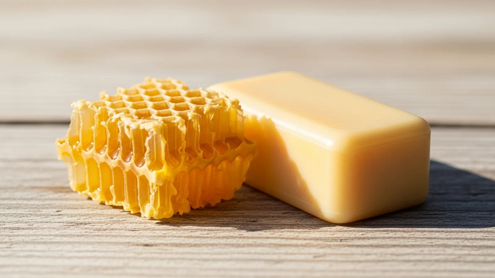 A fragment of honeycomb beside a smooth beeswax balm bar