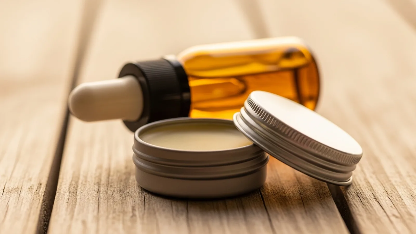 A glass dropper bottle set behind an open tin of balm