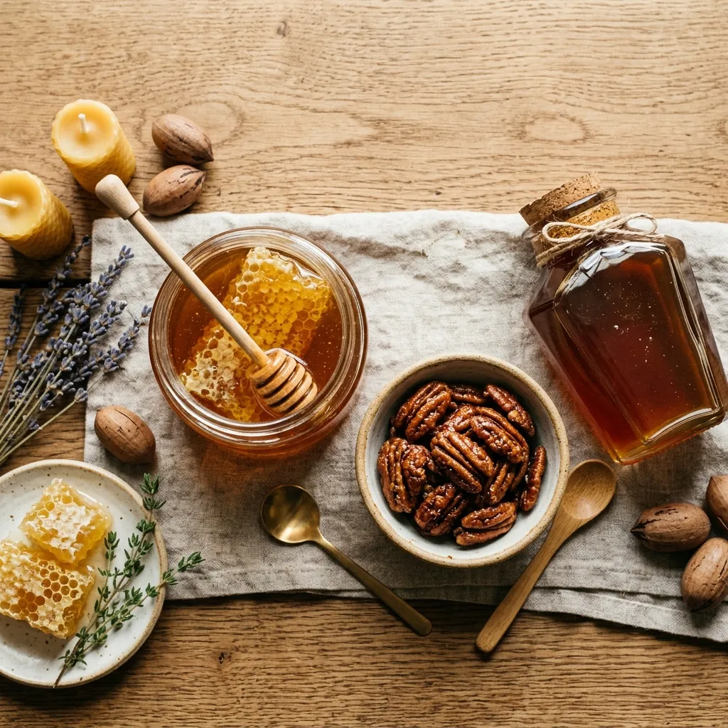 Pure raw honey, beeswax candles, and honey glazed pecans