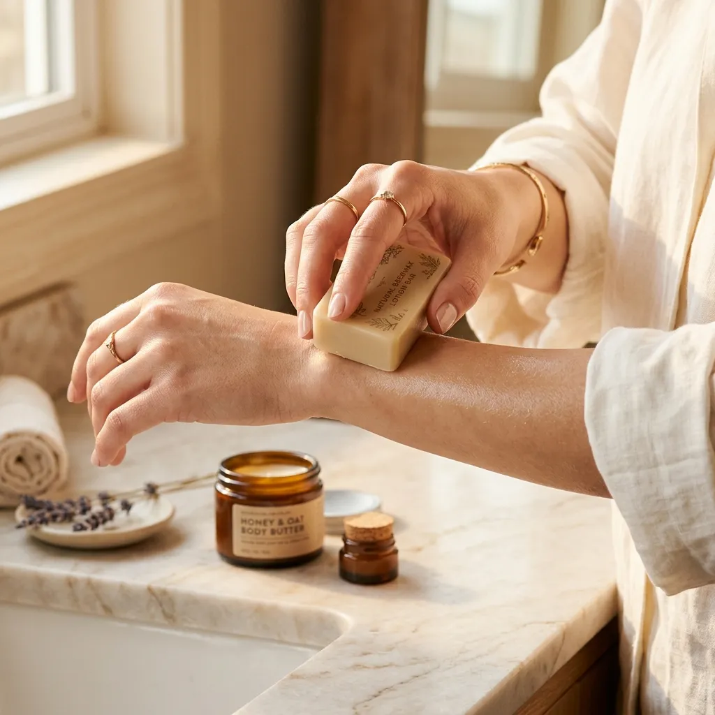 Natural beeswax skincare products including lotion bars and lip balm